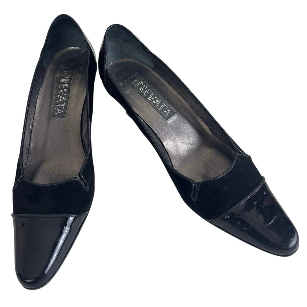 Prevata Nello Black Suede and Patent Leather Pointed Cap Toe Italian Made Size 7 - Picture 2 of 9